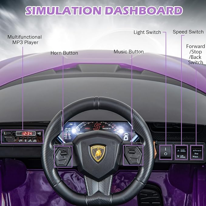 INFANS 12V Licensed Lamborghini Sian Kids Ride On Car with Parent Remote Control, Spring Suspension, MP3 Player, Electric Toy Roadster Carbon Fiber Textured for Toddler (Purple)