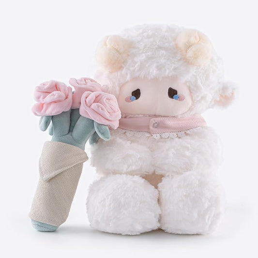 11.4" White Lamb Plush Stuffed Animal with Removable Bouquet of Pink Roses - Ultra Soft & Interactive Cuddly Toy Gift, A Surprise That Never Fades