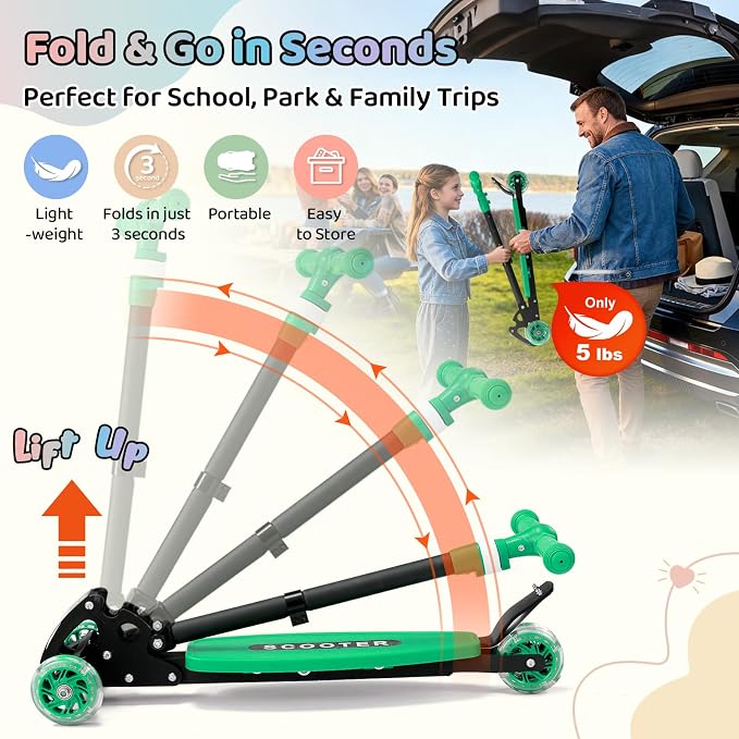 Kick Scooters for Kids 5-7 8-12,Lean to Steer,Three Wheeled Light Up,28"-32" Adjustable Handlebar,Widen Anti-Slip Deck,Floor Push Scooter for Boys Girls Ages 6-12 3-4 Old,Foldable for Travel