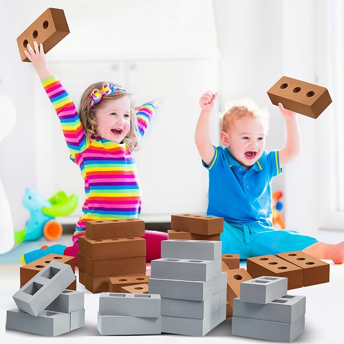 Deekin Foam Brick Building Blocks for Kids Thick Blocks Foam Large Fake Brick Construction Toy for Stacking Construction Gifts, 8 x 4 x 2.4 in(60 Pcs,Square Circle Holes)