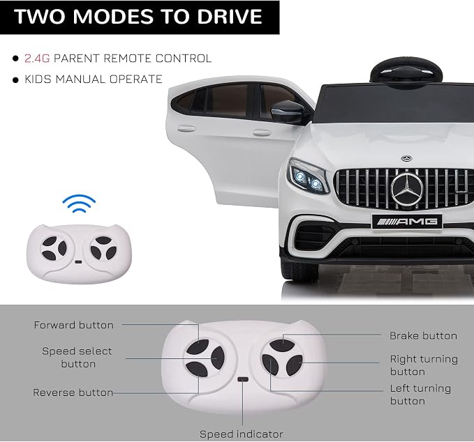 Aosom 12V Toddler Ride On Car with Remote Control, Mercedes Benz AMG GLC63S Coupe, Electric Car with 2 Speed, MP3 Player, Light, Horn, Songs, Suspension, White