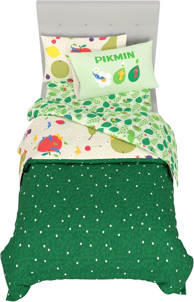 Nintendo Pikmin Game Kids Bedding Set, Twin Size 5 Piece Comforter and Sheet Set with Sham, (Officially Licensed Product) by Franco