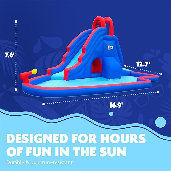 Sunny & Fun Deluxe Inflatable Water Slide Park & Splash Pool with Tunnel - Heavy-Duty for Outdoor Fun - Climbing Wall - Easy to Set Up & Inflate with Included Air Pump & Carrying Case