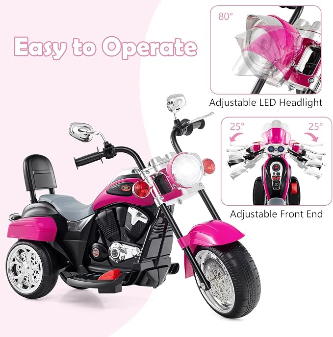 Costzon Kids Motorcycle, 6V Battery Powered Ride on Chopper Motorcycle w/Horn, Headlight, 3-Wheel Stable Ride on Toys, Electric Toddler Motorcycle for Kids, Gift for Boys Girls (Rose Red)