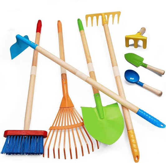 Toddler Gardening Tools, Kids Rake and Shovel Set for Digging Dirt, Children Broom for Outdoor Yard Garden Camping, Montessori Toys for Ages 3 4 5 6 7 8 Years Old (8PCS)