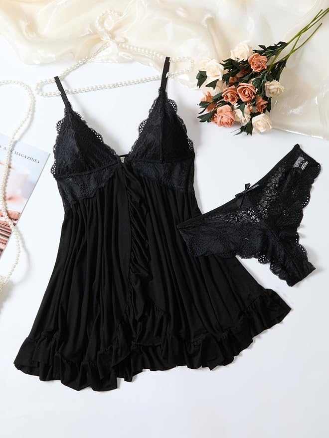 Foxiny Sexy Open Front V Neck Ruffle Sheer Mesh Lace Wireless Babydoll Lingerie Dress with Thong 2 Piece