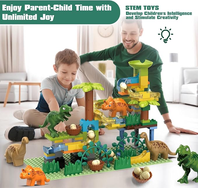 Dinosaur Marble Runs for Kids 4-8 Building Blocks/125Pcs Classic Big Blocks Compatible with LEGO DUPLOS for Age 2-5/Montessori Learning STEM Toys/Toddler Marble Maze Gift Toy for Kids Age 3,4,5,6,7,8+