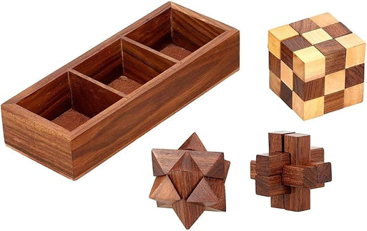 TOSQP27 Gift Wooden Brain Teaser Puzzle Set for Adults & Teens – 3-in-1 Interlocking Burr, Snake Cube & Star Puzzle with Handmade Wooden Storage Box – Mind Challenge Logic Game