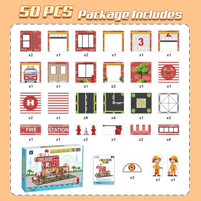 AFUNX Magnetic Tiles, 50PCS Fire Station Theme Building Blocks Set, Magnet Building Blocks and STEM Preschool Toys for Toddlers Kids Ages 3-5 5-7 8-10