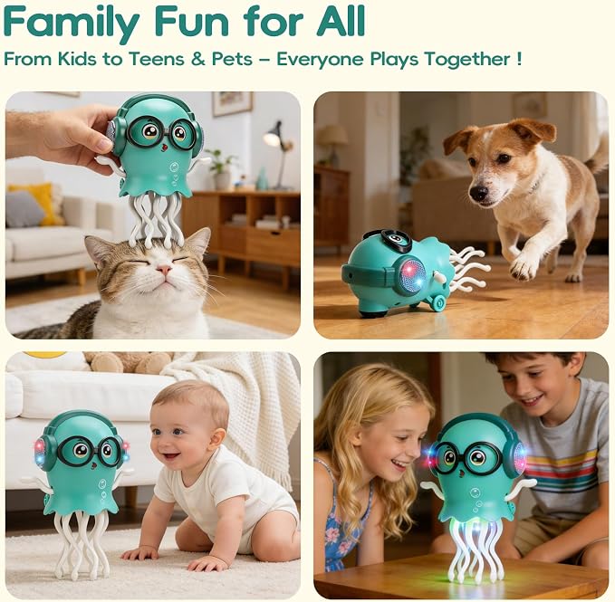GONINO DJ Dancing Jellyfish Baby Toys, Musical Crawling Tummy Time Toys with LED Light & Smart Obstacle Avoidance, 360° Spin Sensory Toys for Toddlers, Kids Toys Birthday Gifts for Boys Girls, Green