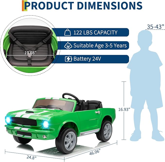 Garvee 24V 2 Seater Ride on Licensed Shelby GT350, Battery Powered Ride on Toys for Kids with Remote Control, Ford Shelby Kids Electric Vehicle 2 Seat, Safety Belt, 2 Speeds, LED Lights, Green