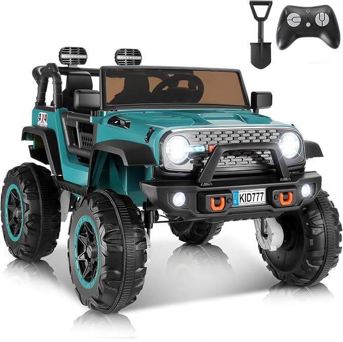 Hikole Two Seater Kids Ride on Car with Remote Control, 4WD/2WD Switchable Truck, 20" Spacious Seat, 4xSpring Suspension, Music, 4x75W 5.9MPH, 24 Volt Electric Car for Big Kids - Teal