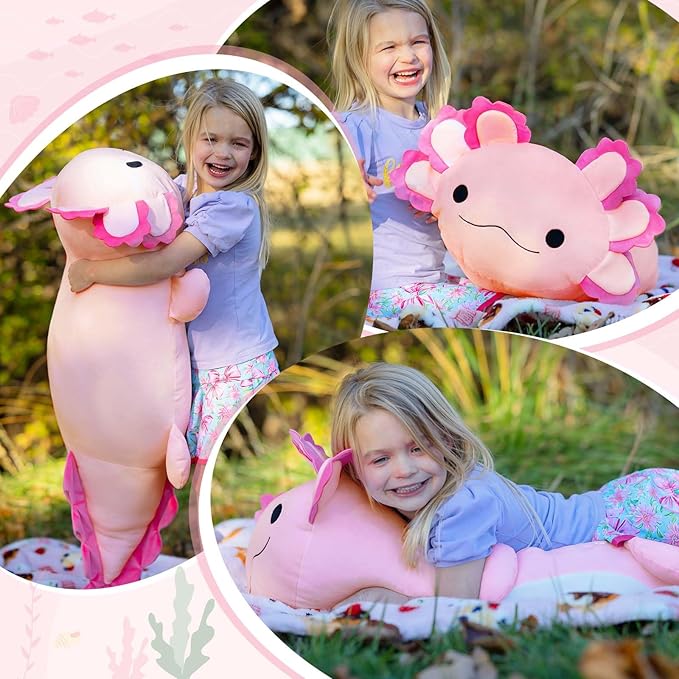 BENINY 39-Inch Giant Axolotl Plush Pillow, Hot Pink Large Stuffed Animal, Extra Soft Huggable Cuddly Toy Gift for Kids Girls Boys, Birthday Christmas Room Decor