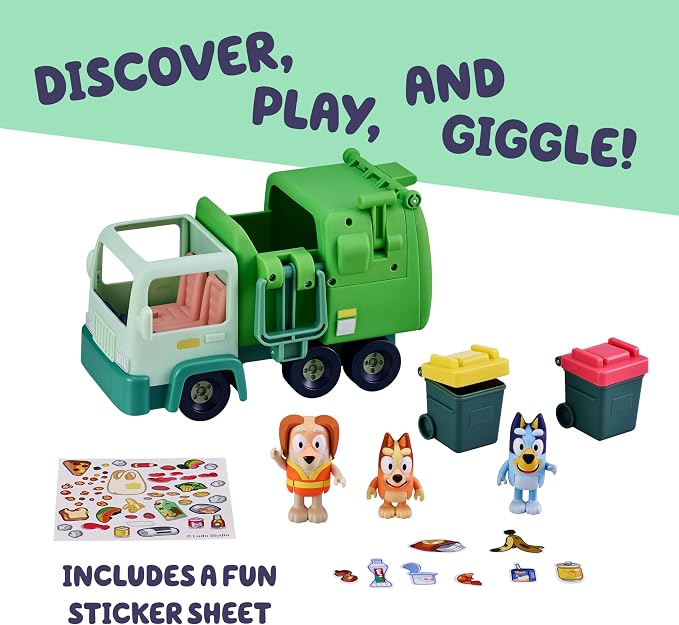 Bluey Garbage Truck Playset, Bingo & Bin Man Figures, Garbage Truck Toys for Boys Age 4-7 w/ Characters, Interactive Lever Action