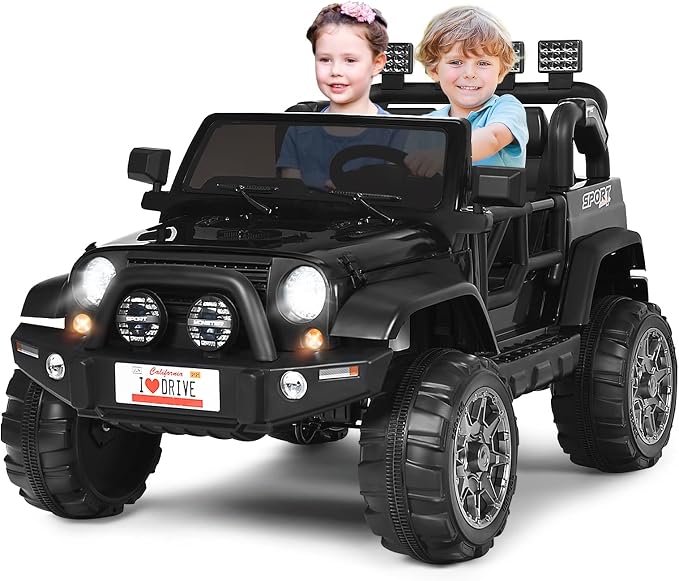 Costzon 2-Seater Ride on Truck, 12V Battery Powered Electric Vehicle Toy w/Storage, Remote Control, 3 Speed, LED Lights, MP3, Horn, Music, 2 Doors Open, Spring Suspension, Ride on Car for Kids(Black)