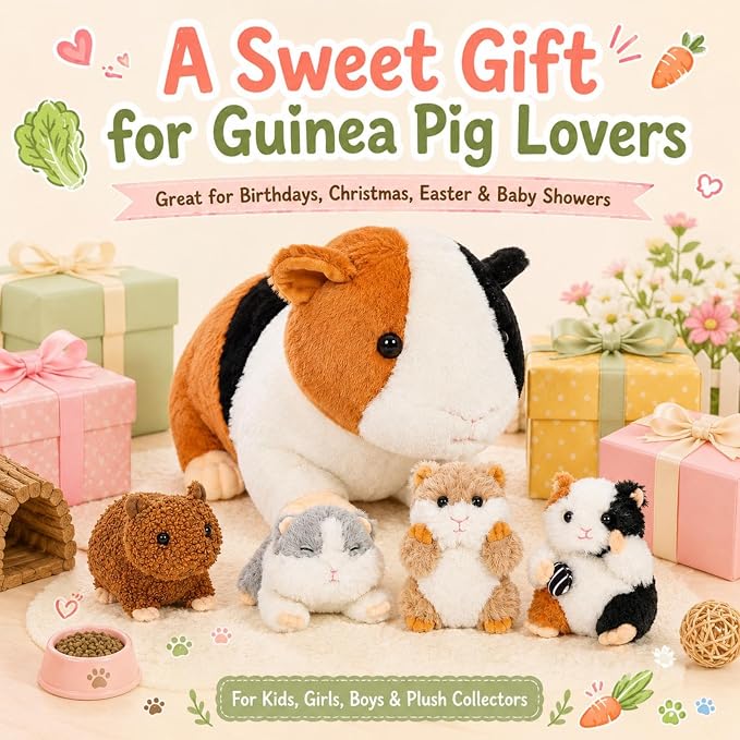 Guinea Pig Stuffed Animal with Babies, 19.7 Inch Mommy Guinea Pig Plush Toy Set with 4 Baby Guinea Pigs, 5 Piece Soft Plush Animals with Zipper Belly, Gift for Kids Girls Boys