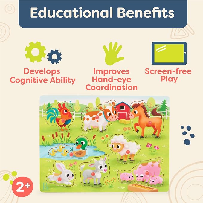 B. toys – Peek & Explore – Farm Animals – Wooden Peg Puzzle – Toddler Puzzle with 8 Animal Pieces – Cow, Horse, Sheep & More – 2+ Years