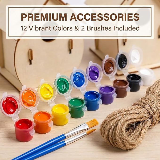 Bird House Kit, Wooden Bird Houses Craft Kits for Kids, 18 PCS DIY Painting Set with Paint Brushes Rope, Arts and Crafts for Kids Ages 6-12