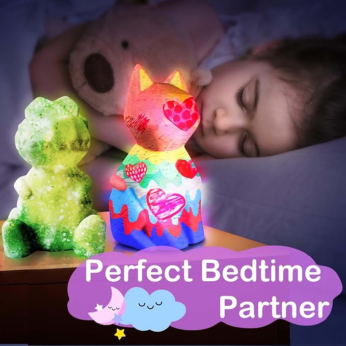 Goody King Paint Your Own Cat & Dinosaur Lamp Kit, 3PCS DIY Night Light, Arts & Crafts for Kids Ages 8-12, Art Supplies Painting Kit for Kids 6-12, Art Supplies Craft Birthday Gifts for Kids Ages 3+