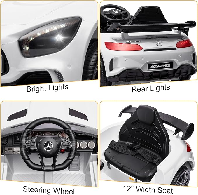 Winado 12V Ride on Car, Licensed Mercedes Benz AMG GTR Battery Powered Electric Vehicle, w/Parent Remote, Wider Seat, LED Lights, Openable Doors, MP3 Player, Smooth Start, 3 Speeds - White