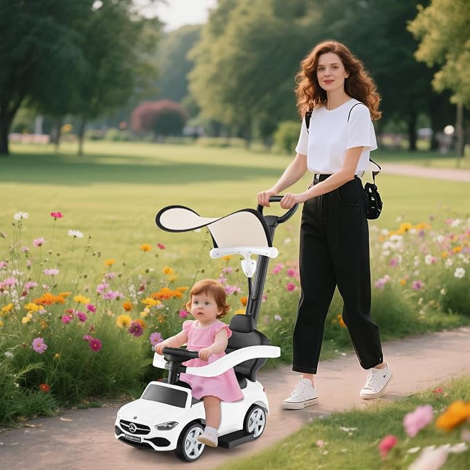 OLAKIDS Push Car for Toddlers, 3 in 1 Licensed Mercedes Benz Baby Sliding Walking with Parent Control Handle Adjustable Canopy Guardrail Under Seat Storage, Kids Ride on Toys with Horn (White)