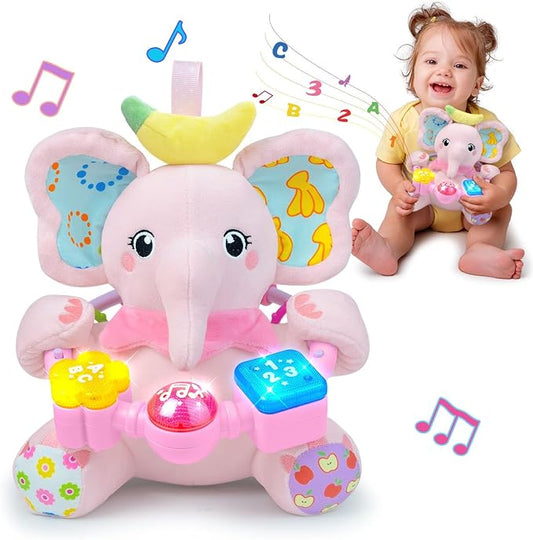Holaxander Baby Elephant Musical Stuffed Animals Toy with Light-Up Music & Crinkle Sound Paper,Infant Bilingual Early Learning Education Toys,Tummy Time Toys for 0-3-6-12+ Months Boy Girl, Pink