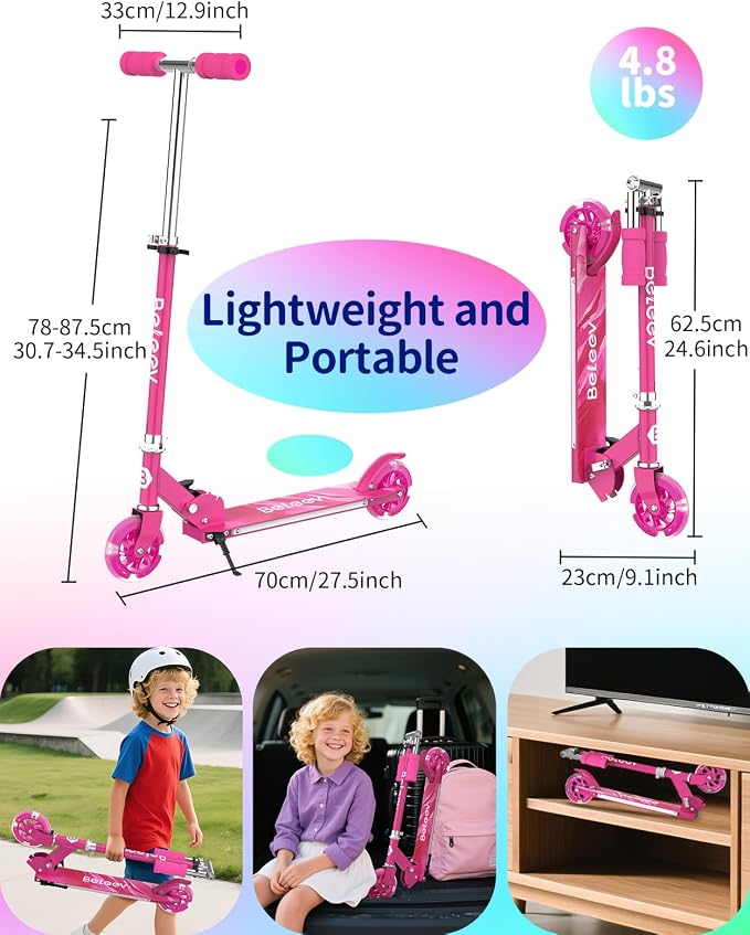 BELEEV V1 Scooters for Kids, 2 Wheel Folding Kick Scooter for Girls Boys, 3 Adjustable Height, Light Up Wheels, Lightweight Scooter with Sturdy Frame, Kickstand for Children 3 to 12 Years Old