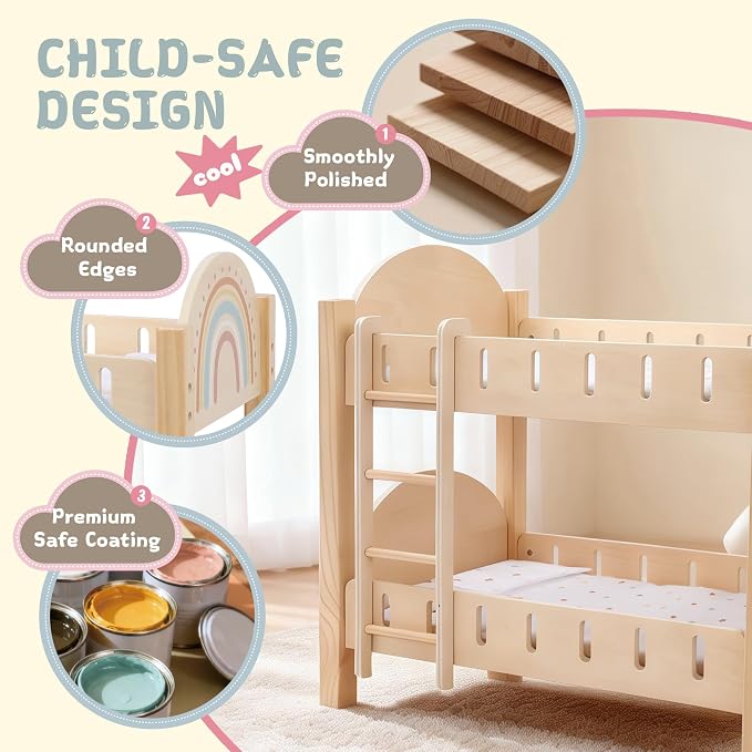 Freniland Wooden Doll Bunk Bed with Ladder & Bedding – Two-Level Doll Bed Includes 2 Mattresses & 2 Pillows, Pretend Play Furniture for 18 Inch Dolls
