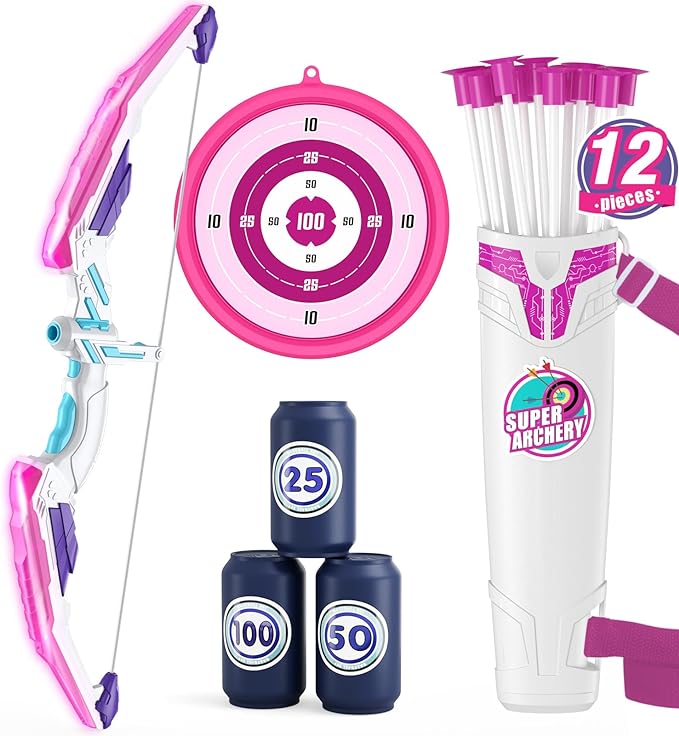 HYES Bow and Arrow for Kids, LED Light Up Archery Set with 12 Suction Cup Arrows, 1 Hanging Target, 3 Score Targets & 1 Quiver, Indoor Outdoor Sport for Boys Girls Ages 4-12, Purple