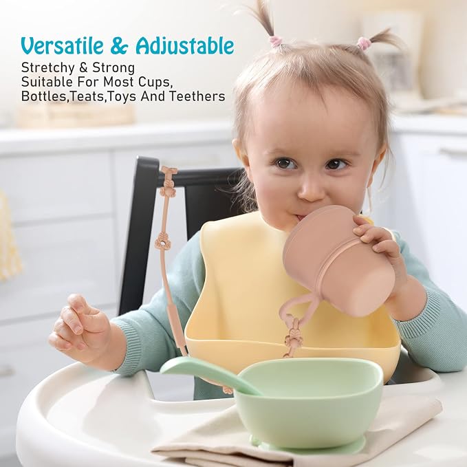 Toy Safety Straps, Adjustable Stretchable Sippy Cup Straps for Strollers, High Chair, Cribs, Hanging Baskets, Car Seat, Shopping Trolley, 4 Pack, (Ether+Sage+Muted+Apricot)