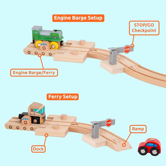 Wooden Train Tracks 68 Piece Expansion Pack Accessories with Arched Bridge, Engine Barge, Dock, Stop & Go Checkpoint, Signal Pole, Cross Track Compatible with Thomas, Brio Wooden Railways ORBRIUM