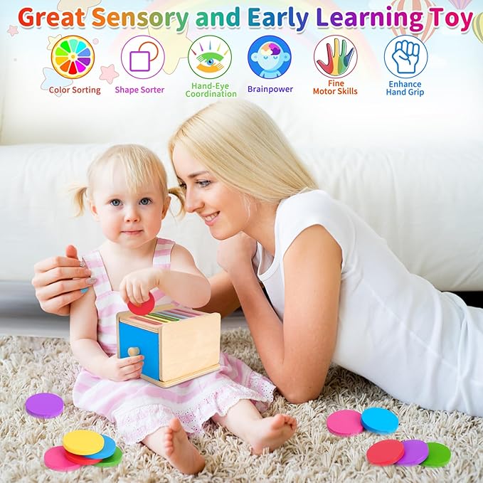 FCSONU Toddlers Montessori Coin Box Toys for 1 2 3 Year Old Boys Girls, Drawer Box Toy for Ages 2-4 Kids, Learning Color Sorting Sensory Toys, Easter Birthday Gifts for Baby 12-18 Months