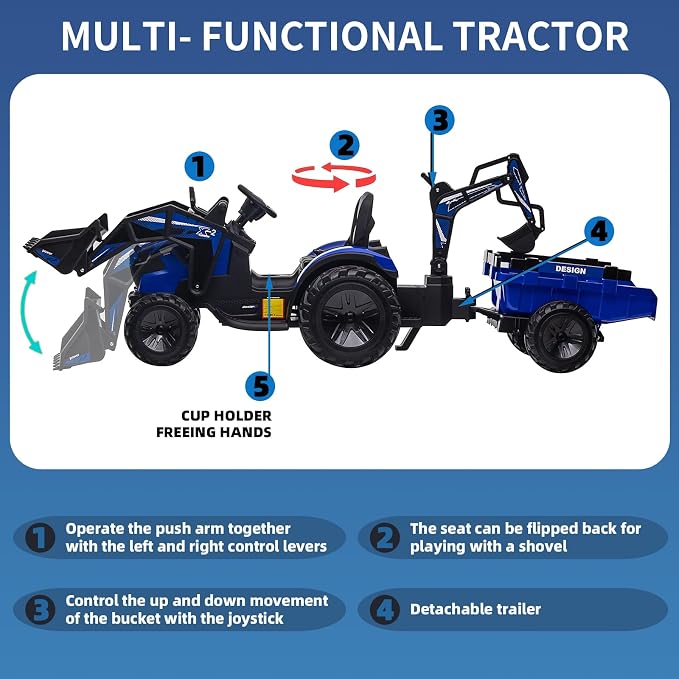 GarveeLife 3 in 1 Ride on Tractor, 24V Ride on Toy for Big Kids, Excavator Bulldozer - Battery-Powered Electric Vehicle w/Trailer, Digger, Remote Control, LED Lights, Music, USB, Battery Powered, Blue