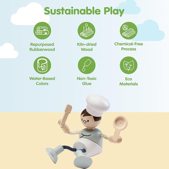 PlanToys® Wooden Chef Doll | Poseable 1:12 Scale Character Figure for Dollhouse Play, Cooking Scenarios & Social Interaction | Eco Friendly Montessori Pretend Play Figure