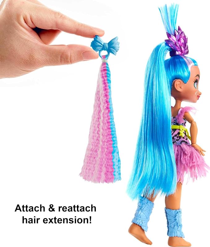Mattel Cave Club Tella Doll (8 10-inch, Blue Hair) Poseable Prehistoric Fashion Doll with Dinosaur Pet and Accessories, Gift for 4 Year Olds and Up