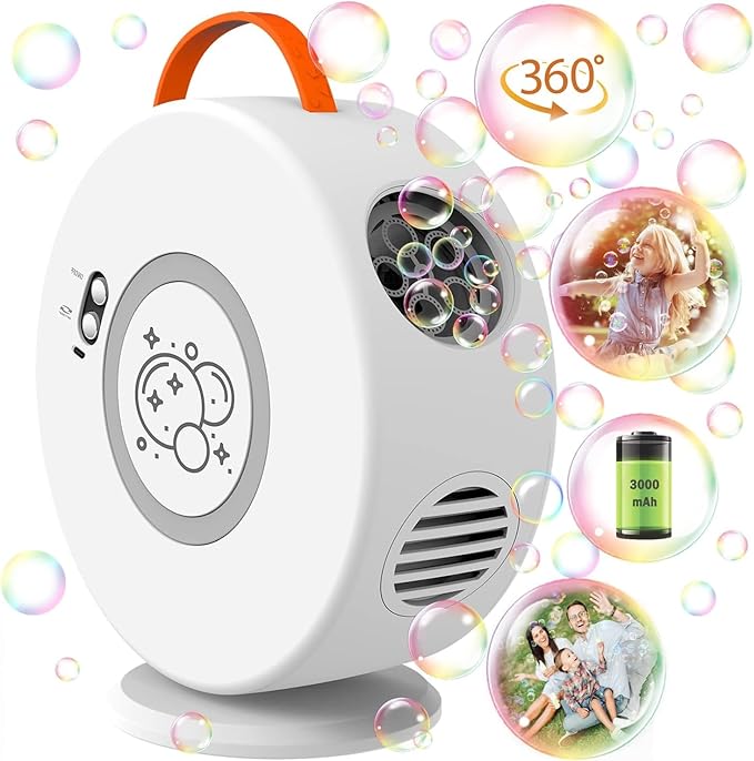 Bubble Machine Automatic Bubble Blower for Kids Toddlers Bubble Maker Electric Bubble Machine Auto Rotating 90°/360° Outdoor Toy (White)