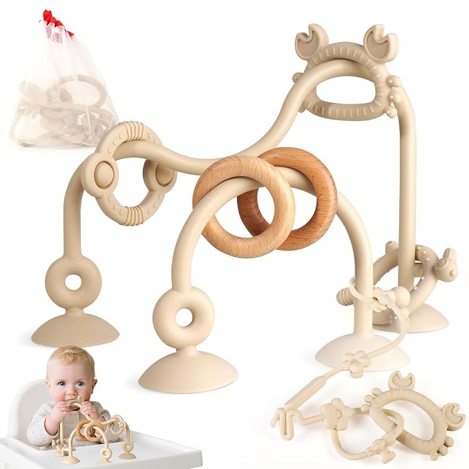Baby High Chair Suction Cup Toys, Sensory Teething Relief | Tactile Silicone Teether Developmental Toy for Babies, Einstein Activity for Airplane Travel, Table, Highchair Tray
