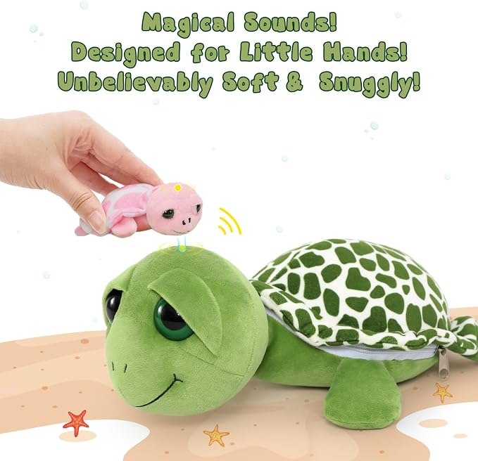 6Pcs Sound Turtle Plush Toy, 14" Talking Mother Turtle Stuffed Animal with 3 Baby Tortoise & 2 Eggs, Stuffed Educational Sea Creature for Kids, Ocean Plushies Gift for Birthday Christmas