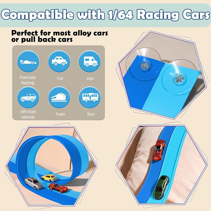 Flex Tracks 15 Ft Starter Set, Flexible Race Track for Kids 3+ with Strong Suction Cups, Flexible Car Track Race Car Ramp Track Compatible with 1/64 Diecast Cars, Portable Rolls Up Race Tracks