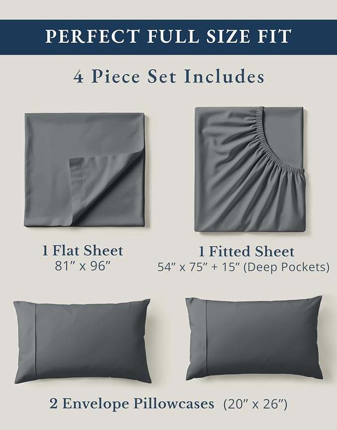 LANE LINEN Full Sheet Set 100% Organic Cotton Cooling Soft 4pc - Charcoal | GOTS Certified Organic Cotton Percale Full Sheet Set - Naturally Cooling & Lightweight, Cool All Summer, Cozy All Winter