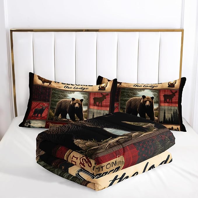 AILONEN Rustic Bear Comforter Set Queen Size,Cabin Plaid Bear & Deer Hunting Bedding Set 3 Pieces,Wildlife Woodland Themed Duvet with 2 Pillowcases