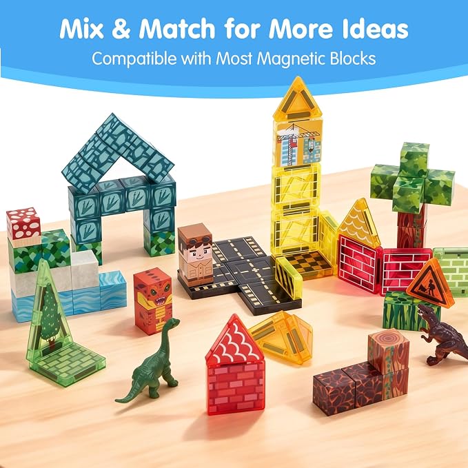hahaland Mini Magnetic Blocks Travel Set with Magnetic Case - 52 PCS Magnet Building Cubes Dinosaur Toys for Kids 3-5 Toddler Travel Toys Airplane Essentials, Stem Toys 4 Year Old Boys 3 Year Old Gift
