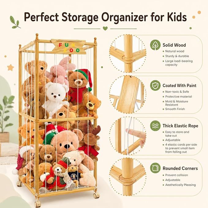 Large Stuffed Animal Storage with Wheels, 66IN Wood Plush Toy Storage 550L, Kids Plushies Storage with Thicker Elastic Band, Stuffed Animal Organizer for Playroom, Bedroom, Nursery