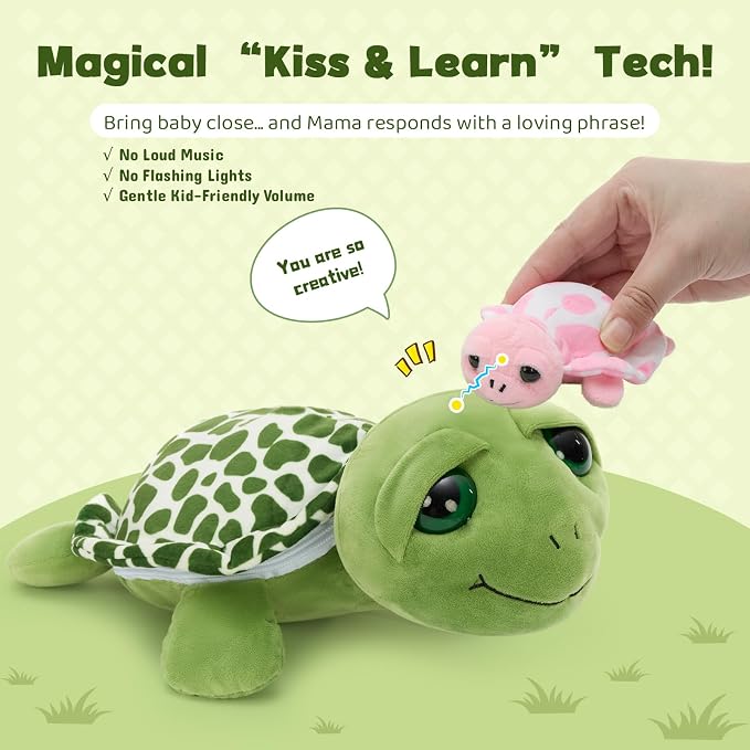 MorisMos Turtle Stuffed Animal with Babies Inside, 14'' Talking Mommy Turtle Plush with Babies & Eggs, 6PCS Interactive Sea Ocean Plush Toys Family with Gentle Voice, Big-Eyed Gift for Kids Girls