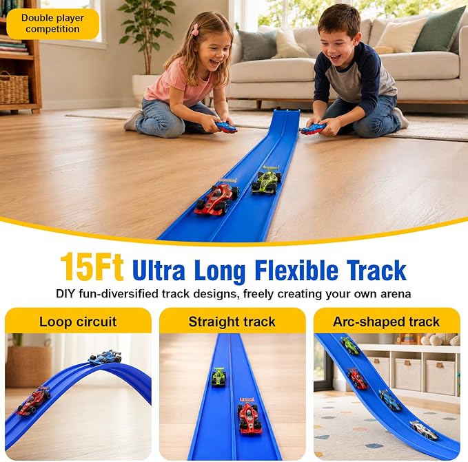 Flexible Race Track Set for Kids: 13 Ft Suction Cup Flex Race Track with 4 Car and 2 Thruster - Rolls Up Portable Racetrack Compatible with Diecast 1/64th Cars Model - Birthday Gifts for Ages 3 4 5 6