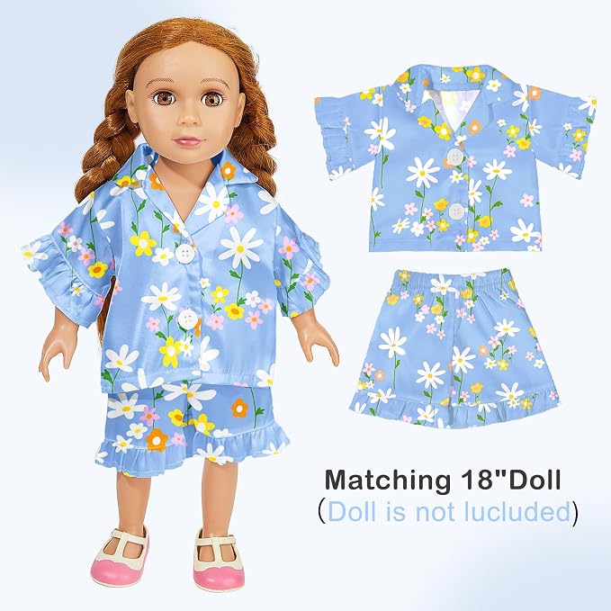 ICOSY Matching Doll & Girls Silk Pajamas Satin Pjs for Girls Button-Down Top and Shorts for 18" Doll Girl Clothes
