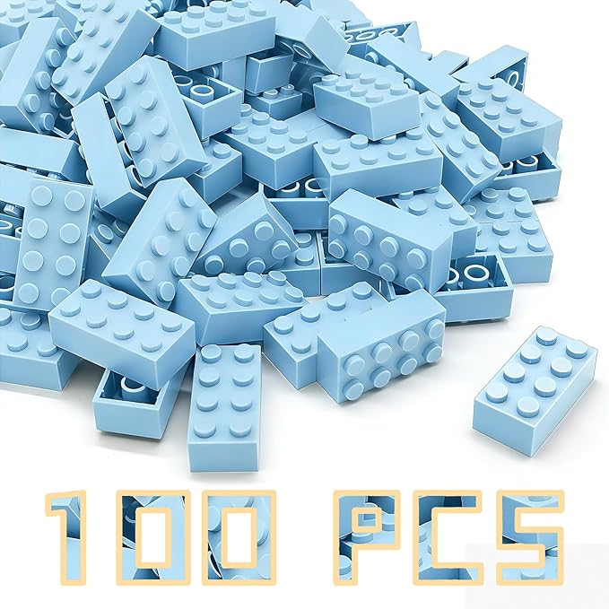 Classic Building Brick 2x4 100 Pieces, Compatible with Lego 3001 Bulk Block Set, Creative Building Toy DIY, Suitable for Boys Girls and Teenagers Aged 6+ (Light Blue)