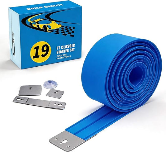 Flexible Race Car Track for Kids Toy, 19Ft Portable Two‑Lane Racing Starter Set, Wall Mount Suction Cups Magnets Hooks, Compatible for Vehicles up to 1/64th Scale-Blue