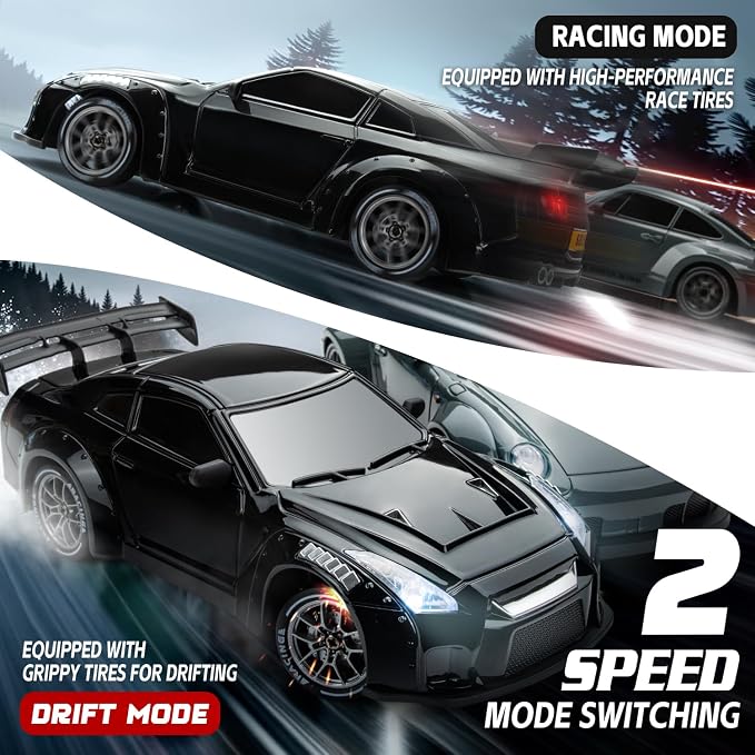 RC Drift Car, 1:24 Scale Remote Control Vehicle with LED Lights, 2.4GHz 20KM/H 4WD High Speed RC Cars, Drifting Tires＆Two Batteries, Racing Sports Toy Idea Gift for Adults Boys Girls and Kids (Black)