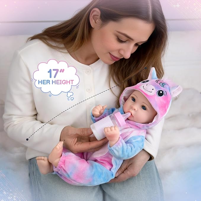 Aori 17 Inch Lifelike Baby Dolls Realistic Baby Girl Doll with Soft Lightweight Body, Colorful Pony Outfit & Feeding Accessories, for Girls Age 3+